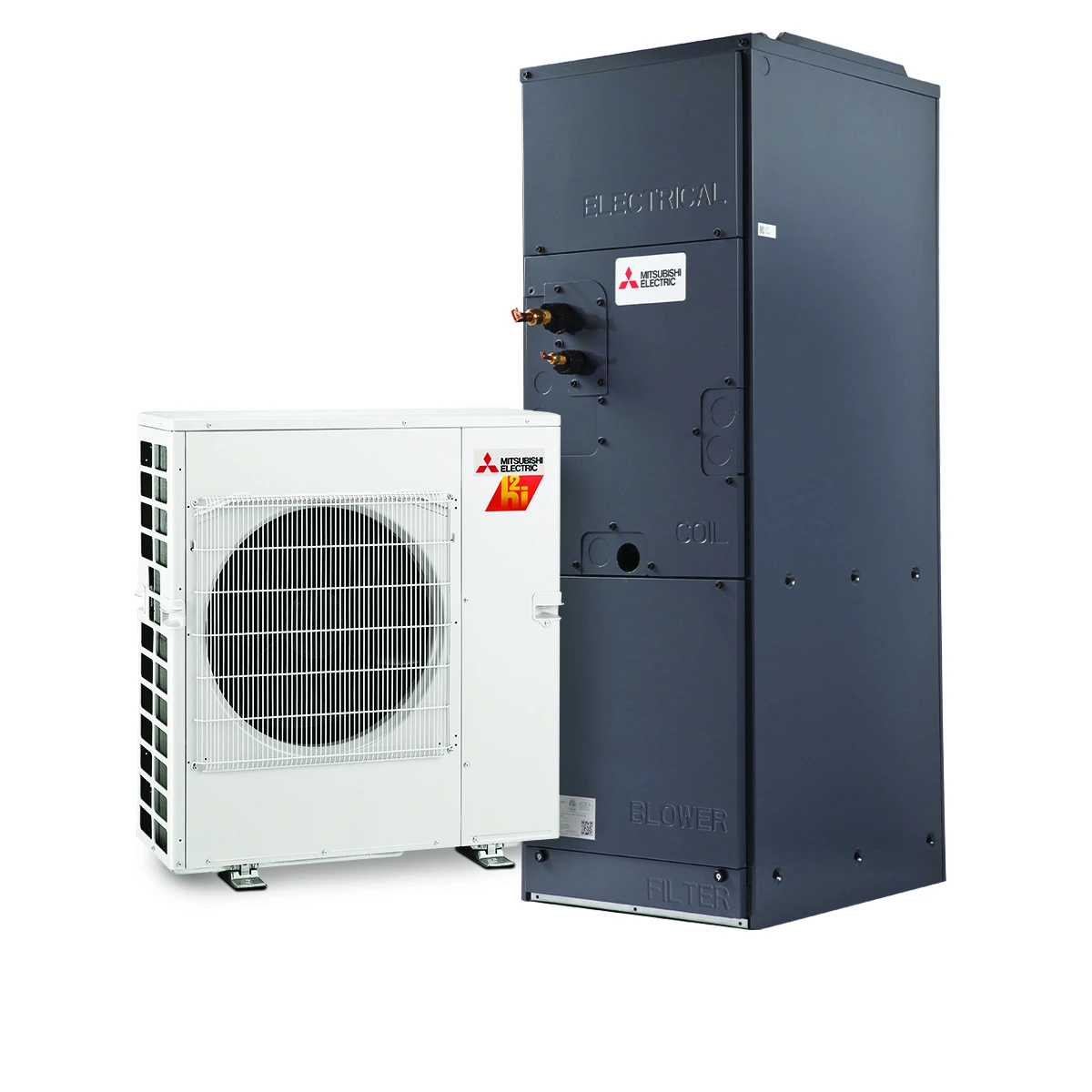 Outdoor and indoor units for a Mitsubishi Zuba Central Ducted Heat Pump System.