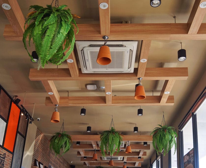 The ceiling of a restaurant showing its AC system.