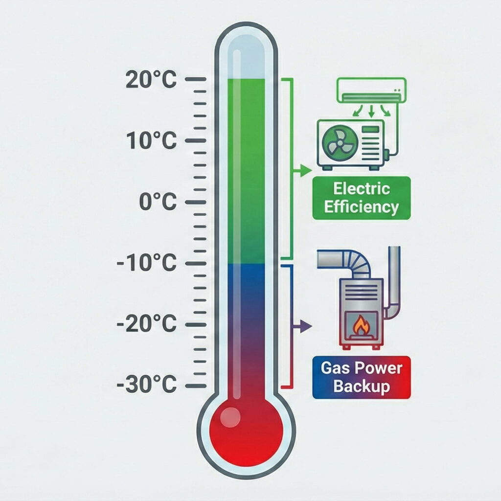 Infographic showing how a hybrid heating system works using an electric heat pump and gas furnace.