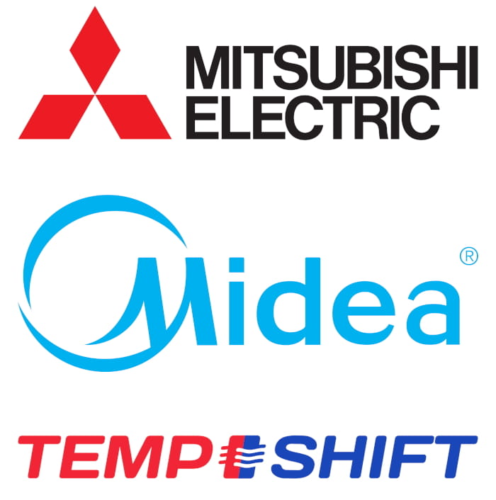 Displays Mitsubishi Electric, Midea and TempShift logos.