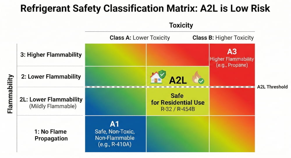 Refrigerant Safety Classification Matrix, showing that A2L is safe for residential use.